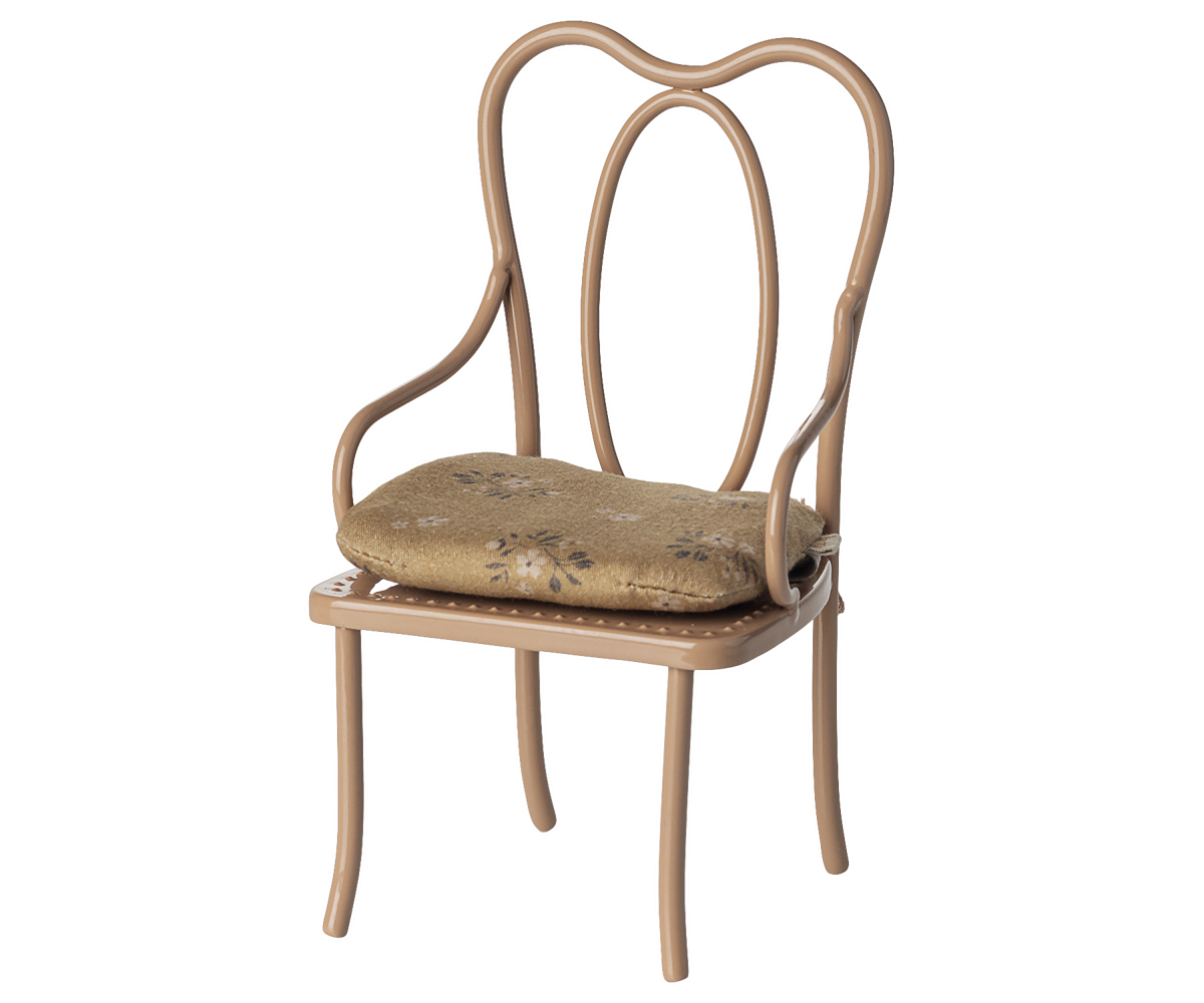 Maileg vintage stoeltje mini donker poederroze met zacht kussen, geschikt voor Maileg konijnen maat 1 en 2