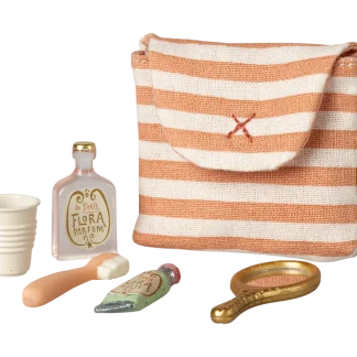 Maileg Toothbrush set in bag, Mouse - Coral stripe